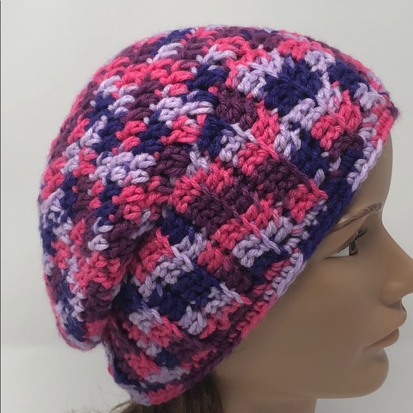Slouchy winter beanie pink purple adult or teen New hand crochet by me #360 - Picture 4 of 5